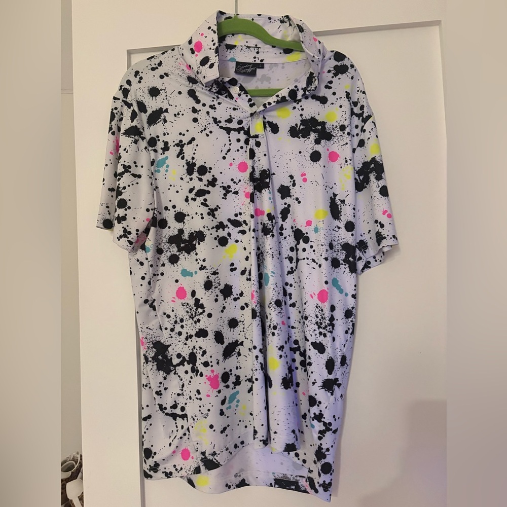 Sunday Swagger Men's White Paint-Splash Polo with Neon Accents